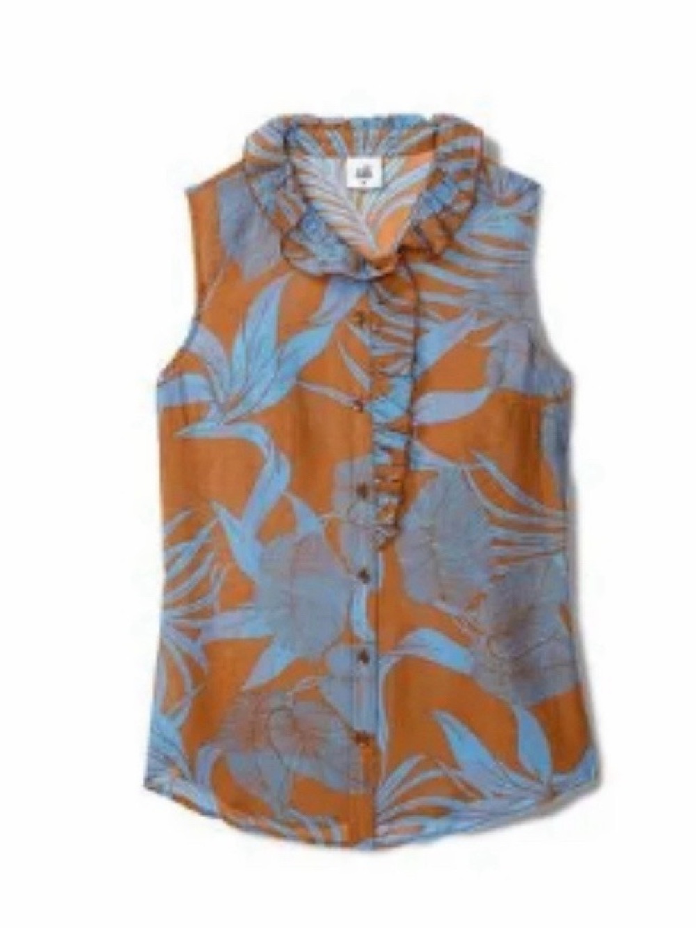 CAbi‎ Tropical Ruffled Button-Front Sleeveless Blouse in Rust/Light Blue, SZ M